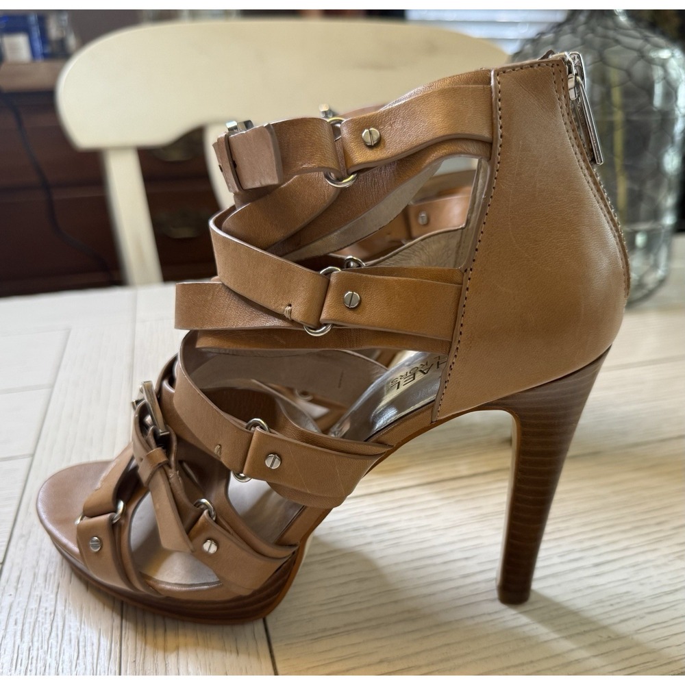 Michael Kors 4.5" Heel‎ Sandals 9M Brown Leather Cross Strap Leonia Buckle Shoe